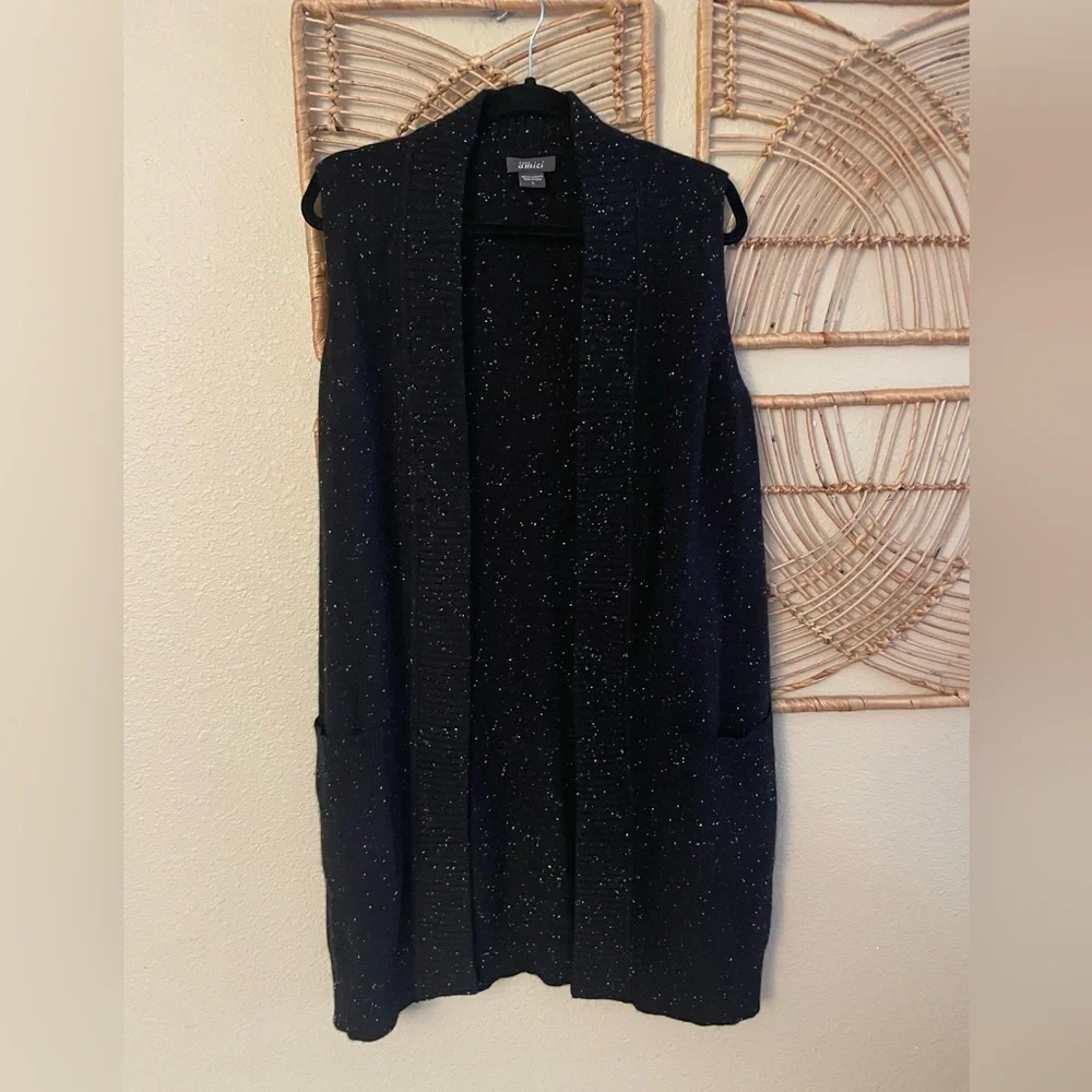 Pure Amici Cashmere Cardigan‎ Vest Sweater Black Spreckled MSRP $298 Sz L B22